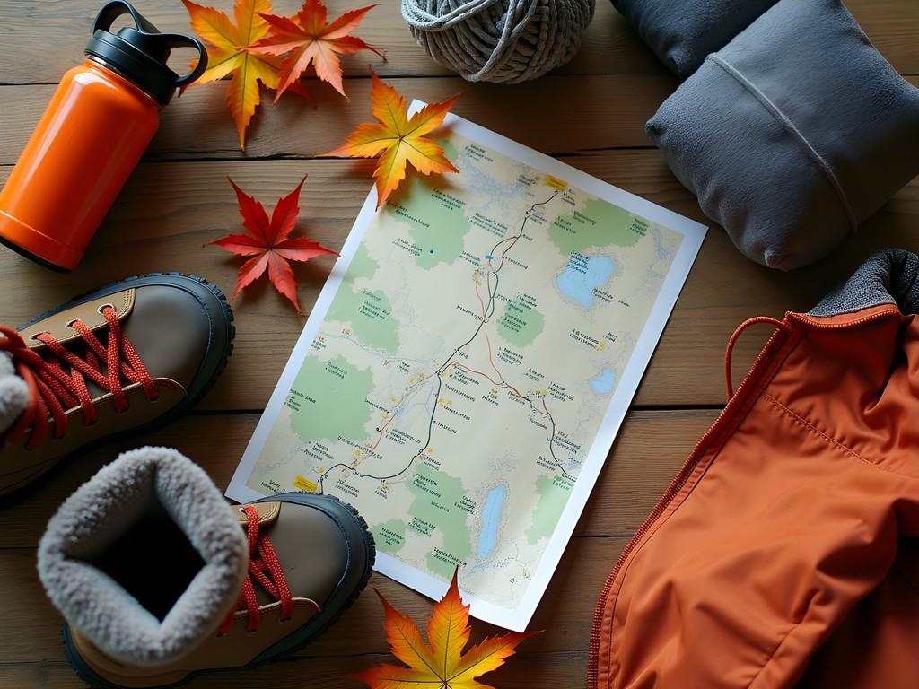 Hiking boots and fall outdoor gear laid out for New England autumn adventure