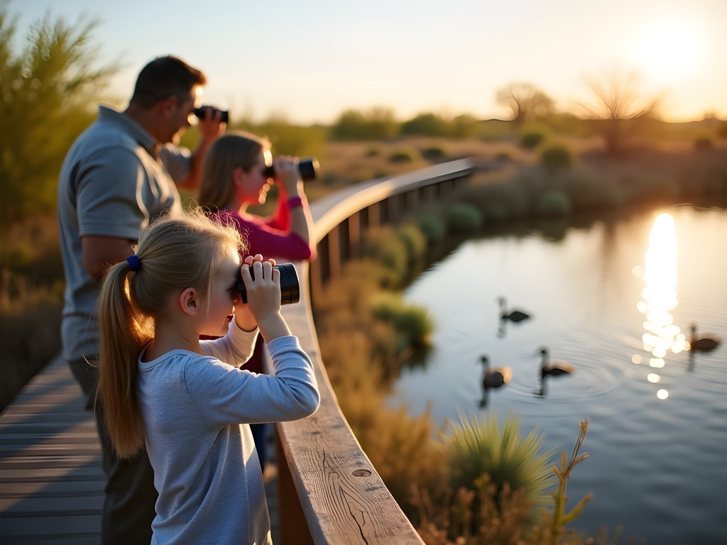 Family birdwatching at Riparian Preserve at Water Ranch in Mesa Arizona