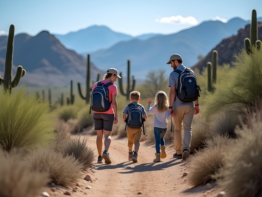 Family hiking on desert trail in San Tan Mountain Regional Park near Mesa Arizona