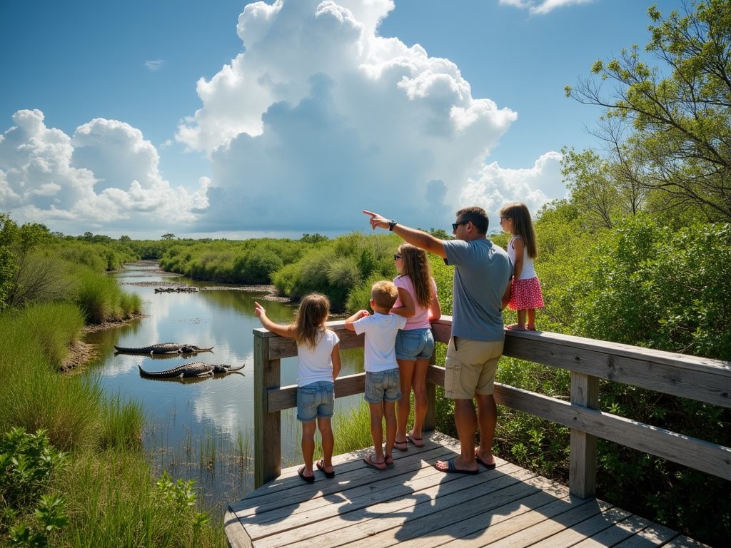 Family observing alligators from a safe distance in Everglades National Park