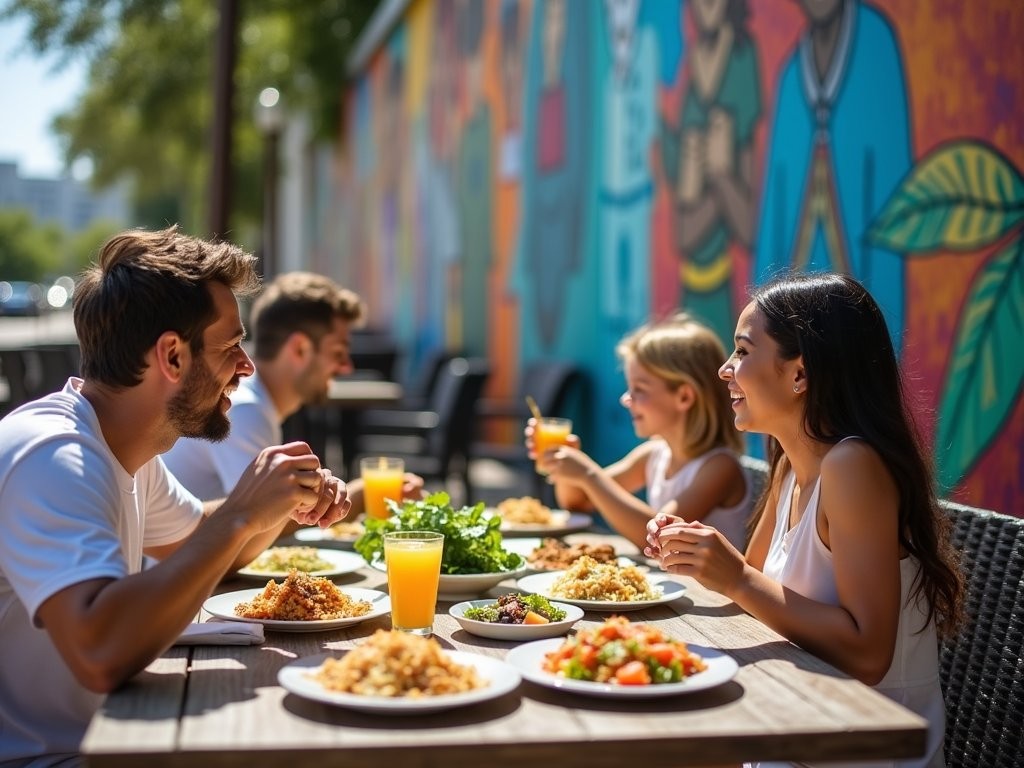 Family enjoying outdoor dining at Wynwood Walls surrounded by colorful murals