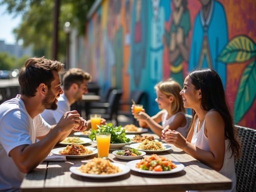 Family enjoying outdoor dining at Wynwood Walls surrounded by colorful murals
