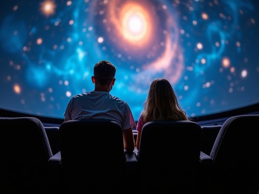 Father and daughter looking up in awe at the Frost Science Museum Planetarium