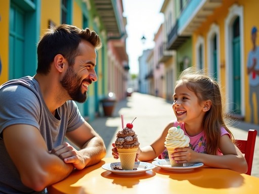 Father and daughter enjoying Cuban ice cream in Little Havana, Miami