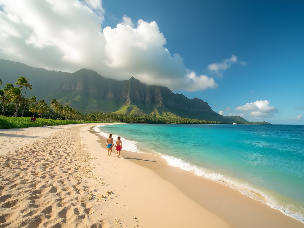 Family at Kualoa Regional Park with Mokolii Chinaman's Hat island in background