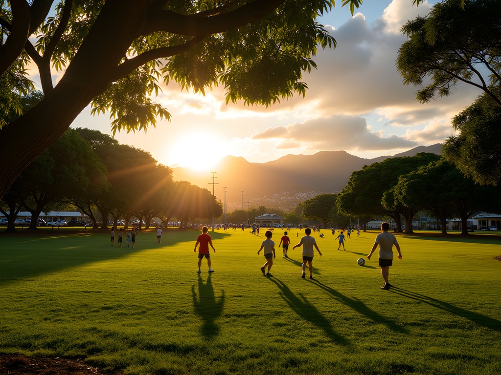 Families gathering at Mililani District Park during golden hour with children playing soccer