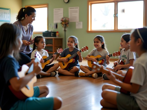 Children learning ukulele at Mililani Recreation Center with Hawaiian instructor