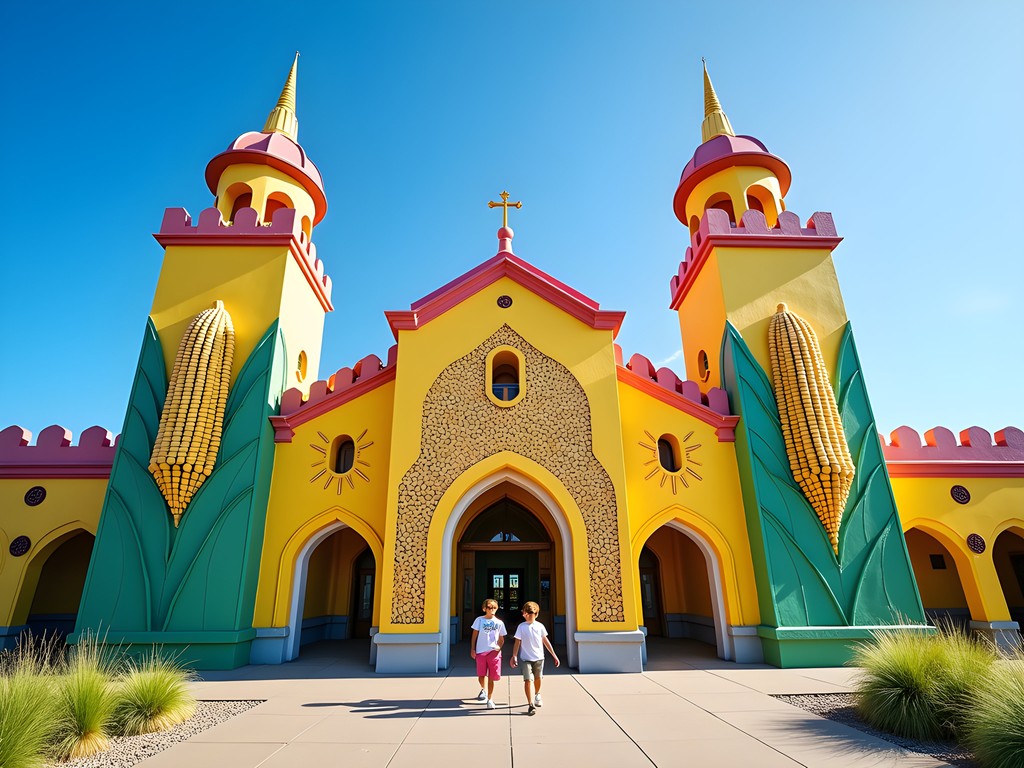 Colorful corn murals decorating the exterior of Mitchell Corn Palace in South Dakota