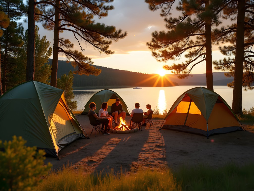 Family campsite at Lake Mitchell Campground with tents and campfire at sunset