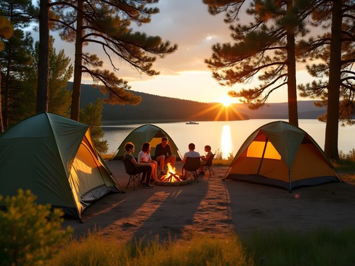 Family campsite at Lake Mitchell Campground with tents and campfire at sunset