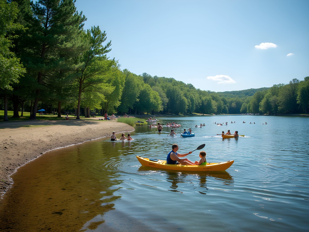 Family enjoying a sunny day at Lake Mitchell with kayaks and swimming area
