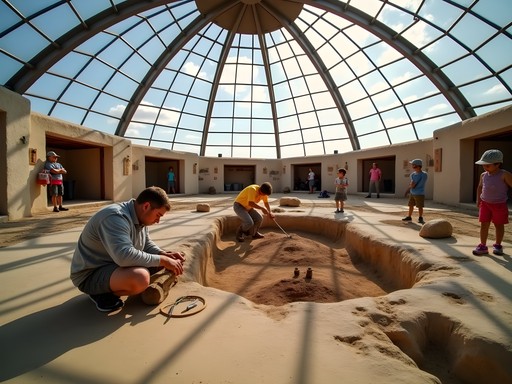 Archaeologists working at the excavation site under the Archeodome at Mitchell Prehistoric Indian Village