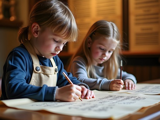 Children learning medieval calligraphy techniques at Scriptorial Museum in Avranches