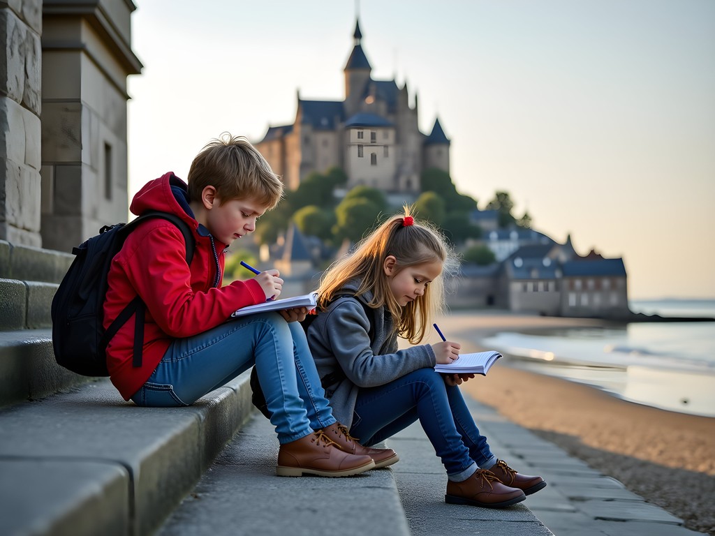 Children sketching architectural details in a travel journal at Mont-Saint-Michel