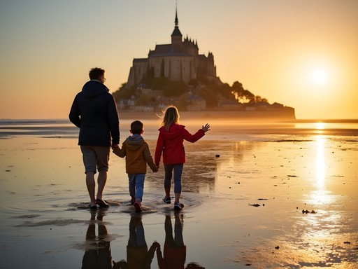 Family on guided bay walk exploring tidal flats around Mont-Saint-Michel