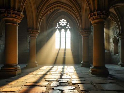 Dramatic light streaming through Gothic windows in Mont-Saint-Michel abbey