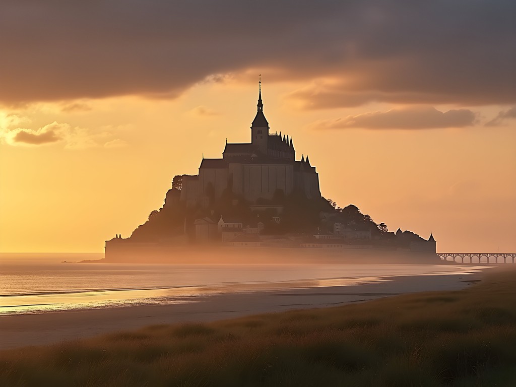Mont-Saint-Michel rising dramatically from the bay at sunset with causeway visible