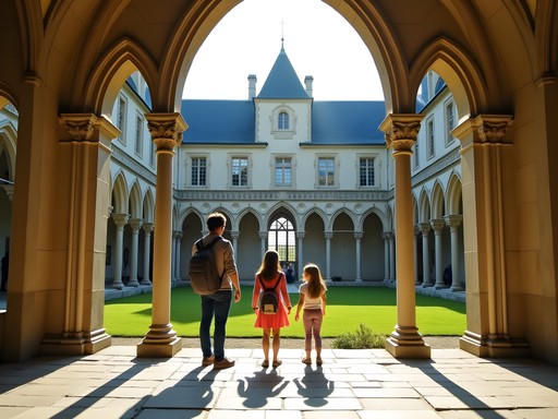 Family exploring the Mont-Saint-Michel abbey cloister