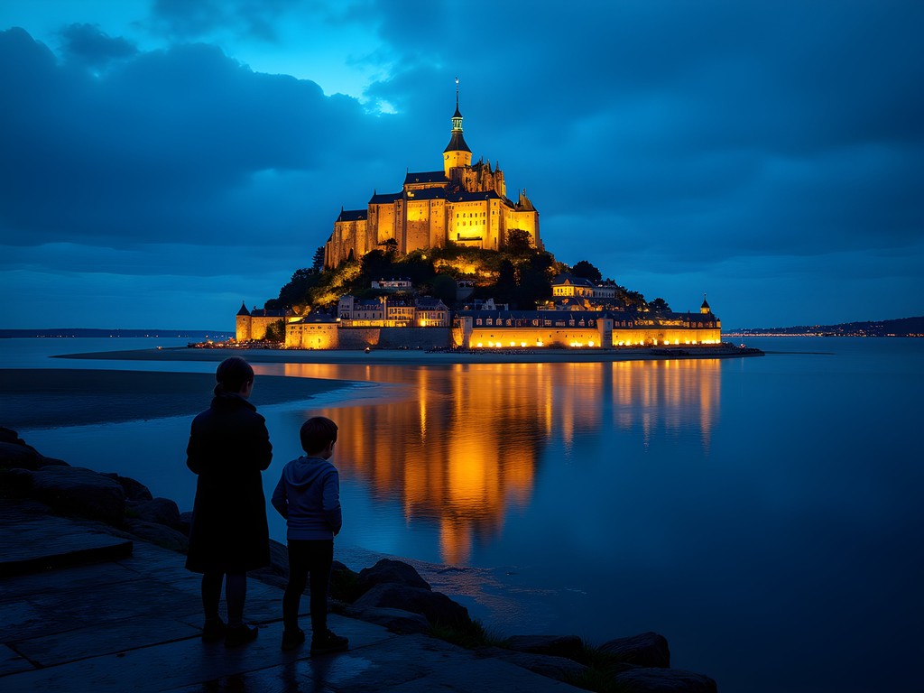 Mont-Saint-Michel illuminated at night with family silhouettes