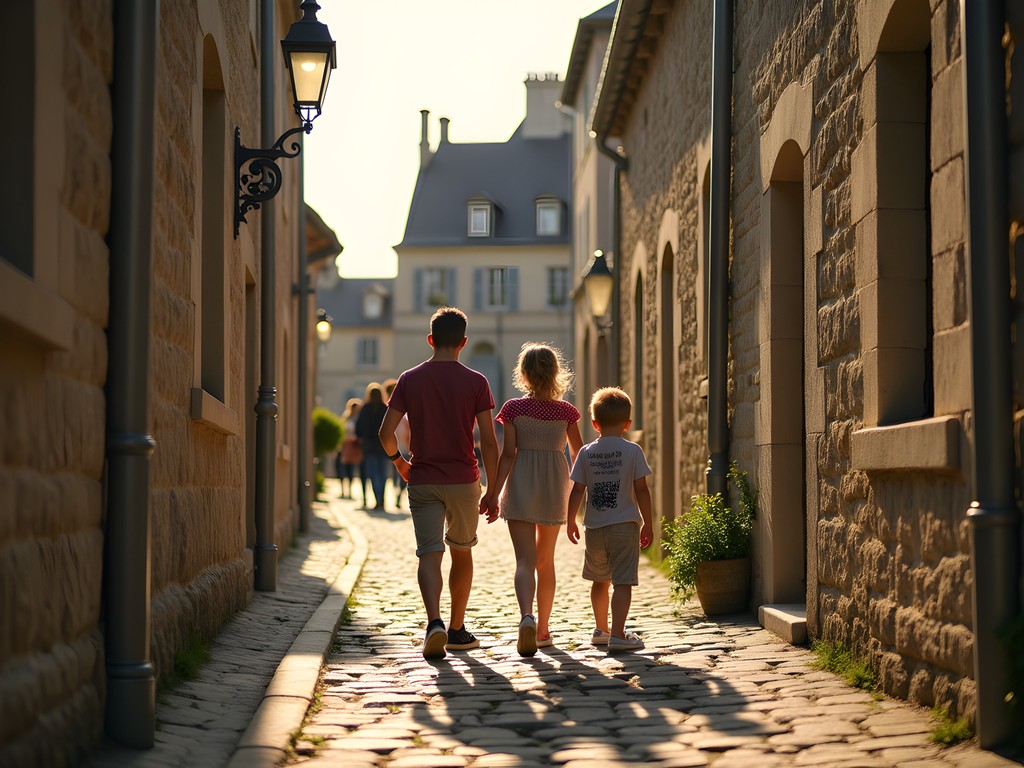 Family exploring the narrow medieval streets of Mont-Saint-Michel village