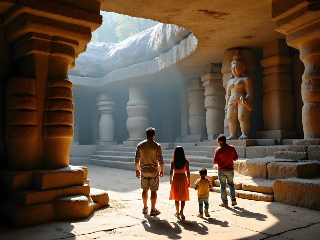 Family exploring ancient stone carvings at Elephanta Caves near Mumbai