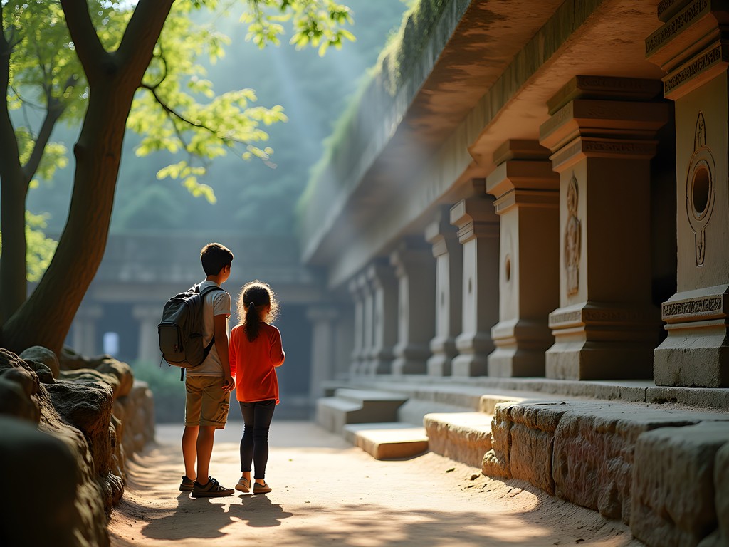 Family exploring ancient Kanheri Caves in Mumbai's Sanjay Gandhi National Park