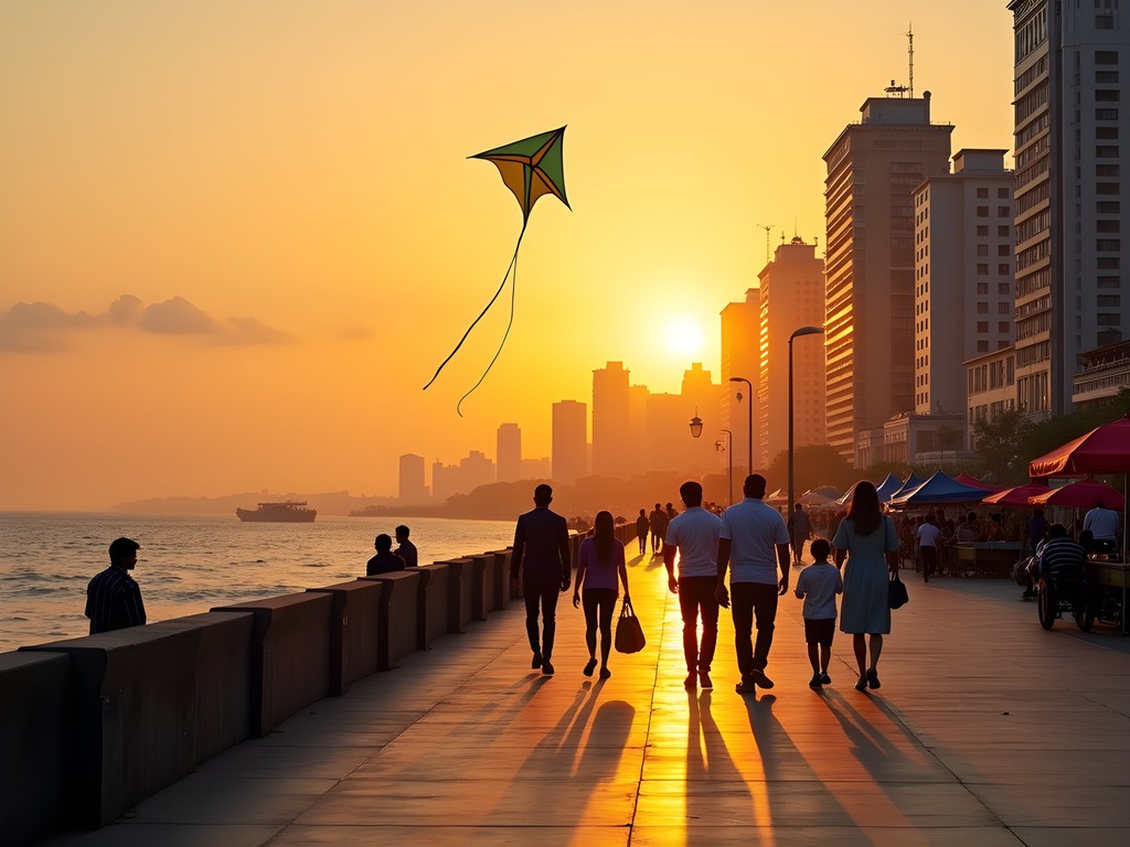 Families enjoying sunset stroll along Marine Drive promenade in Mumbai