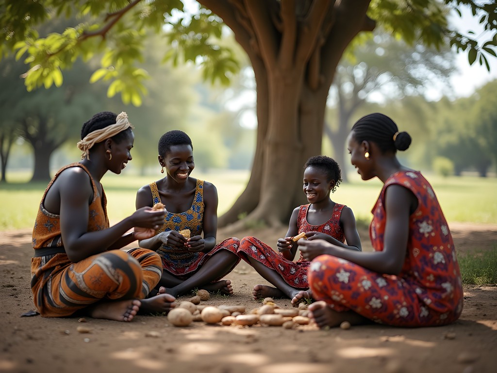 Children learning traditional crafts with Alur community members near Murchison Falls