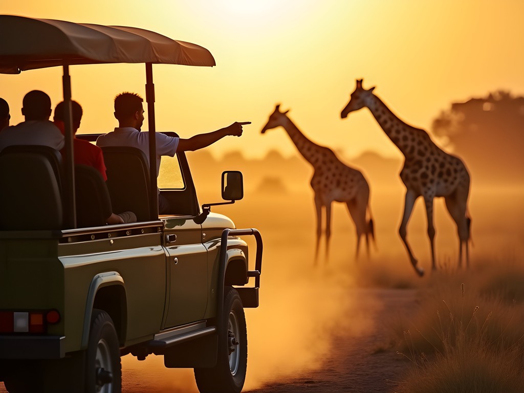 Family watching giraffes from safari vehicle during golden morning light at Murchison Falls