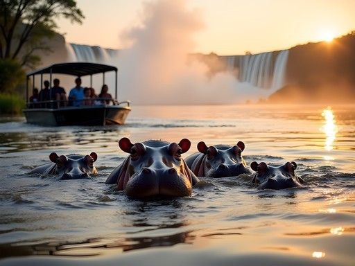 Family boat safari approaching hippos in the Victoria Nile with Murchison Falls mist visible in background
