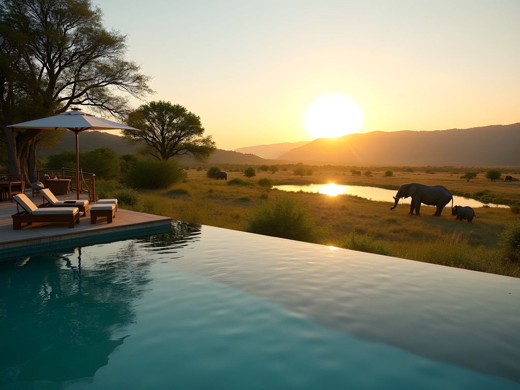 Infinity pool at Paraa Safari Lodge overlooking wildlife watering hole with elephants in distance