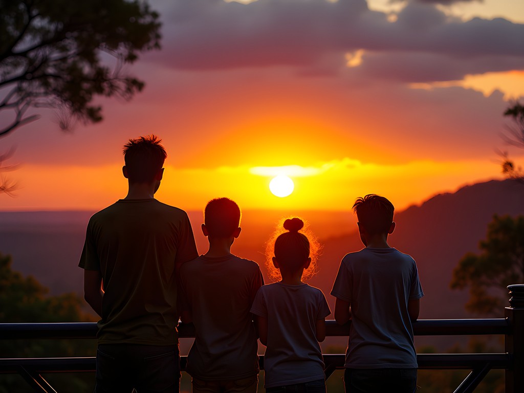 Family engaged in wildlife watching at sunset without digital devices at Murchison Falls