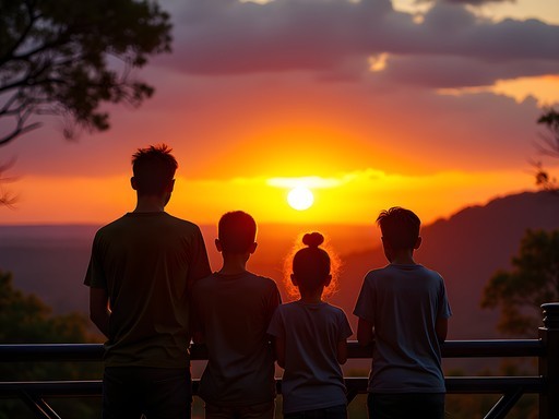 Family engaged in wildlife watching at sunset without digital devices at Murchison Falls