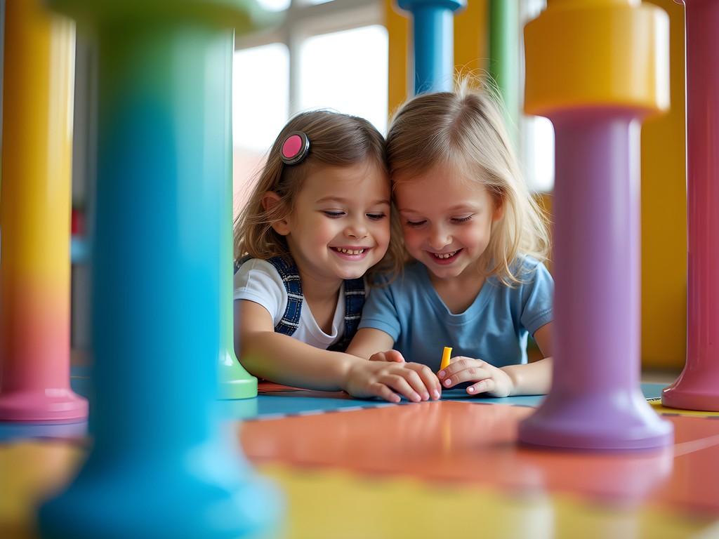Children playing with colorful air tubes exhibit at DuPage Children's Museum in Naperville