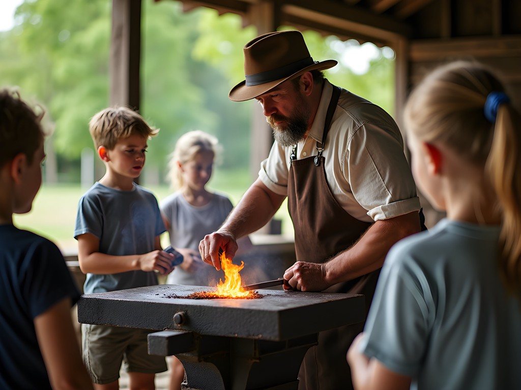 Blacksmith demonstration with families watching at Naper Settlement living history museum
