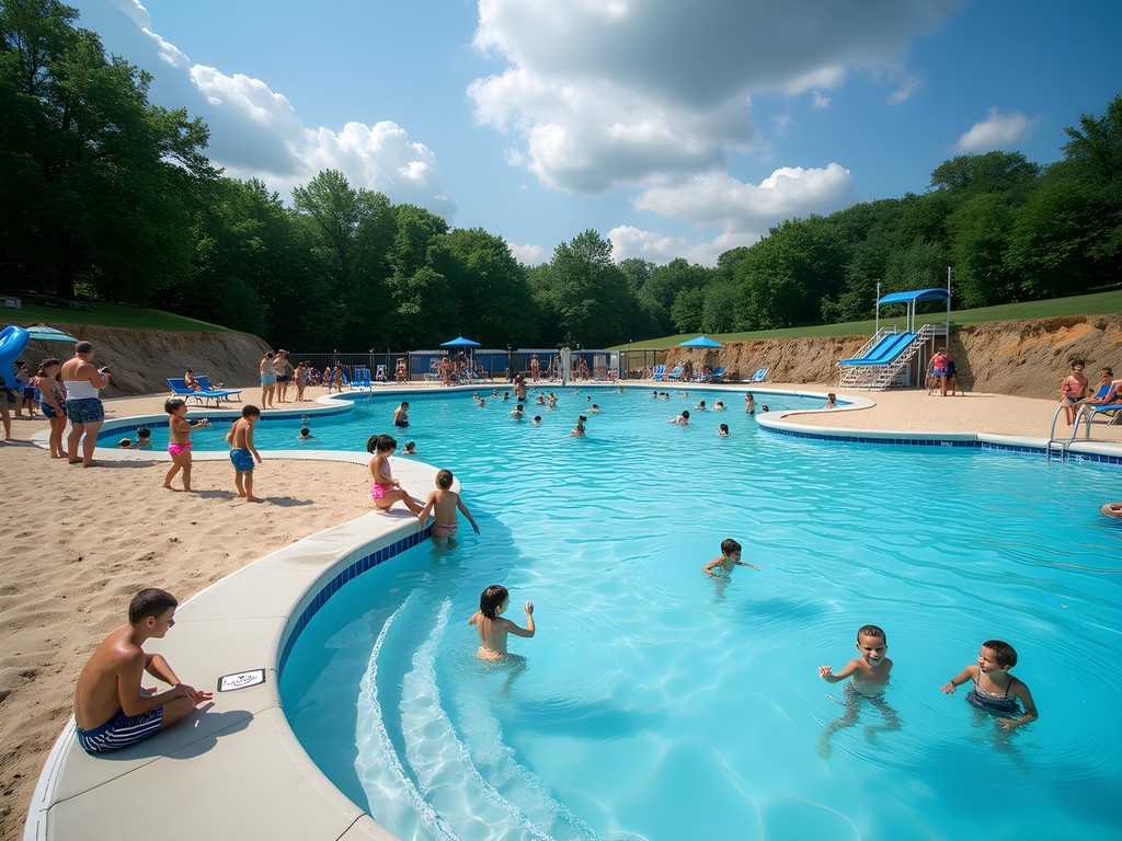 Families enjoying Centennial Beach quarry swimming area in Naperville on a sunny summer day