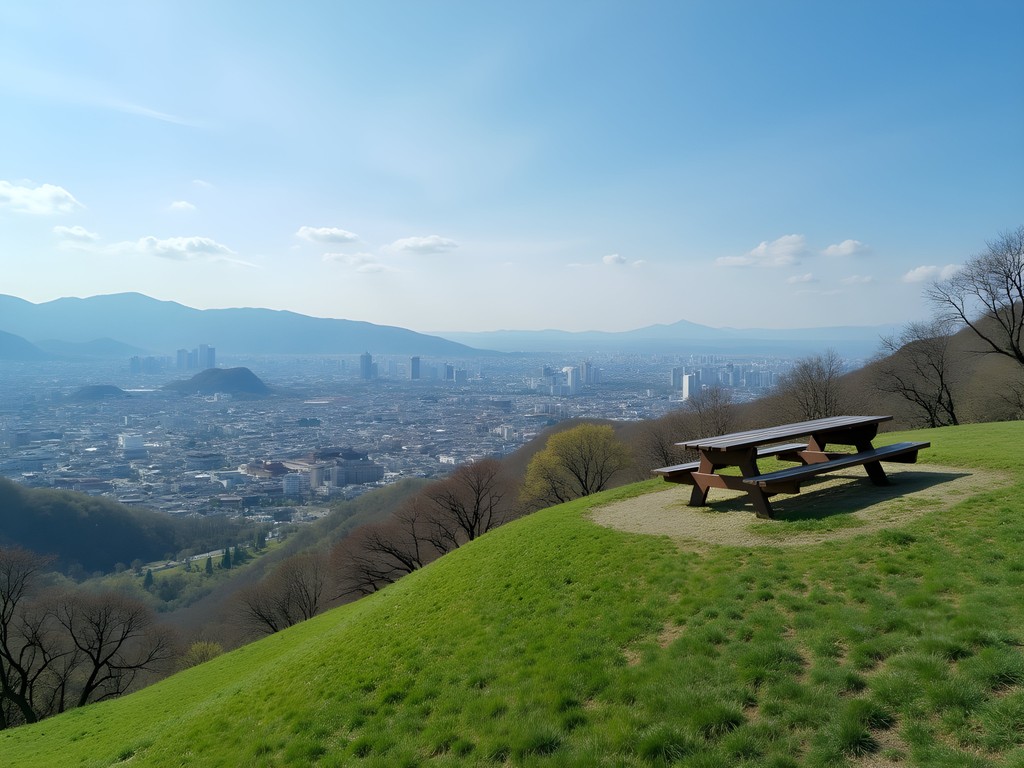 Family enjoying picnic lunch with panoramic view of Nara city from Mt. Wakakusa