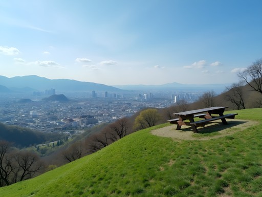 Family enjoying picnic lunch with panoramic view of Nara city from Mt. Wakakusa
