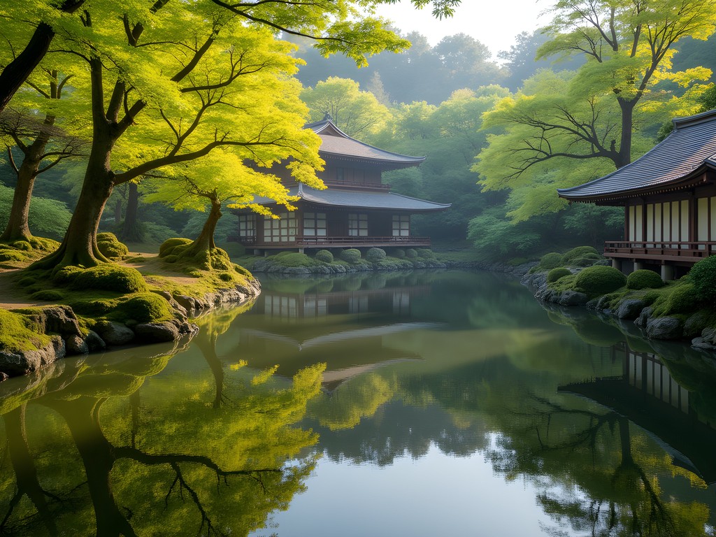 Isui-en Garden in Nara with perfect pond reflections and traditional buildings
