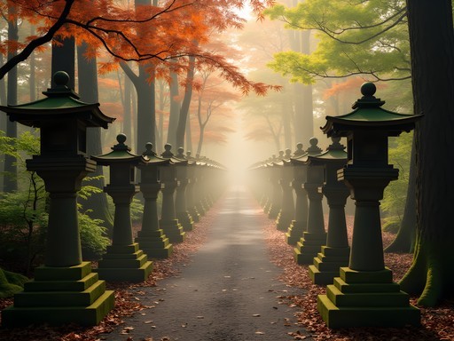 Stone lanterns along the misty morning path to Kasuga Taisha Shrine in Nara