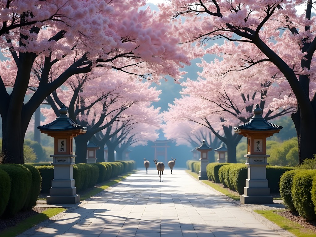 Cherry blossoms and deer at the eastern entrance of Nara Park in spring
