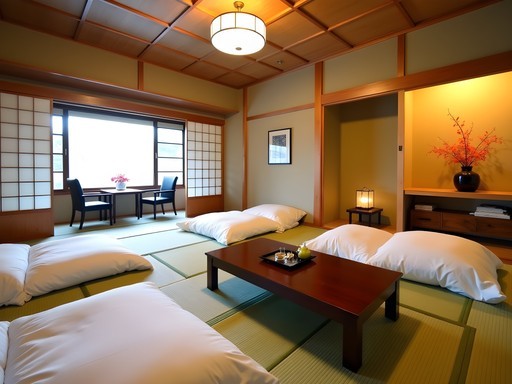 Traditional Japanese family room with futons laid out on tatami floors in a Nara ryokan