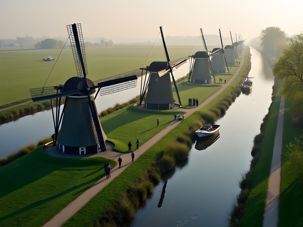 Aerial view of traditional Dutch windmills at Zaanse Schans with families exploring below