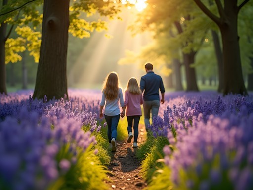 Family walking through sunlit path in Epping Forest with spring bluebells carpeting the woodland floor