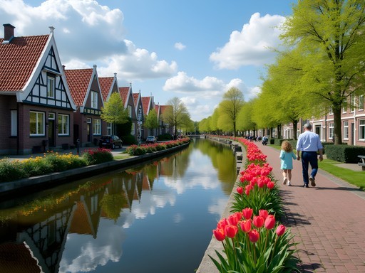 Family exploring picturesque canal in Haarlem with traditional Dutch architecture and spring flowers