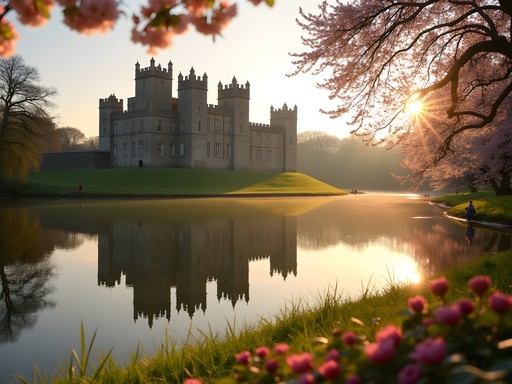 Leeds Castle reflected in lake surrounded by spring blossoms with families exploring the grounds