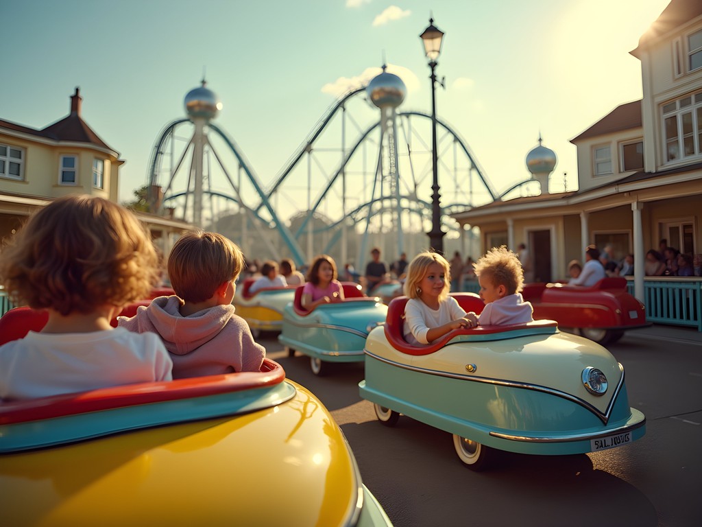 Families enjoying vintage rides at Dreamland amusement park in Margate with colorful retro atmosphere