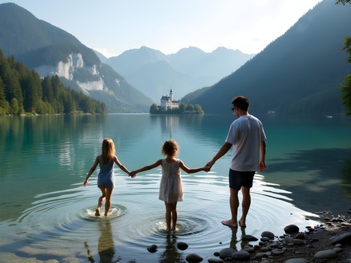 Family enjoying peaceful moment at Alpsee Lake with Neuschwanstein visible in background