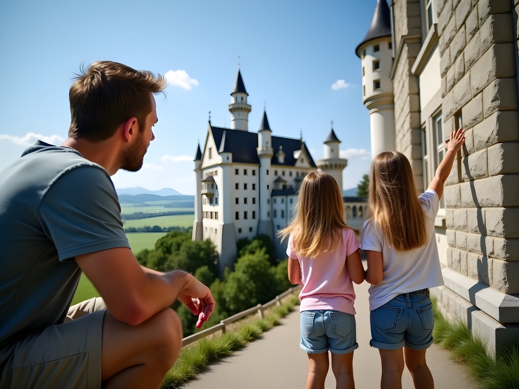 Family admiring Neuschwanstein Castle exterior with children pointing excitedly