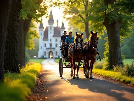 Horse-drawn carriage approaching Neuschwanstein Castle with excited children